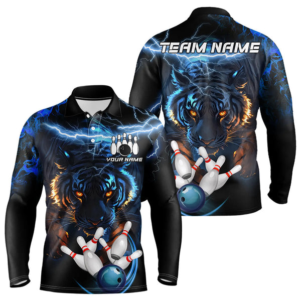 Maxcorners Personalized Blue Lightning Thunder Storm Tiger Bowling Shirts For Men Custom Bowling Team Jerseys