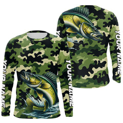 Maxcorners Black Green camo Walleye fishing Custom Long Sleeve Tournament Fishing Shirts, Walleye fishing Jerseys LM2408