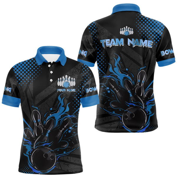 Maxcorners Personalized Black and Blue Flame Bowling Polo, 1/4 Zip Shirts For Men, Custom bowling Team Jerseys TU3009