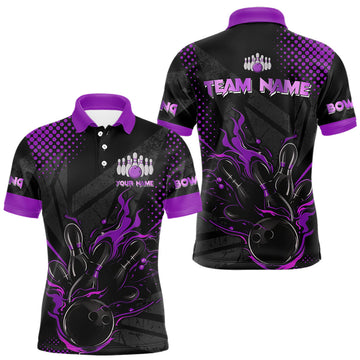 Maxcorners Personalized Black and Purple Flame Bowling Polo, 1/4 Zip Shirts For Men, Custom bowling Team Jerseys LM1903