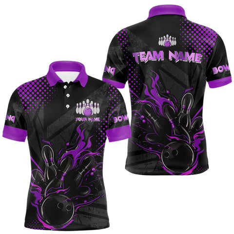 Maxcorners Personalized Black and Purple Flame Bowling Polo, 1/4 Zip Shirts For Men, Custom bowling Team Jerseys TU3009