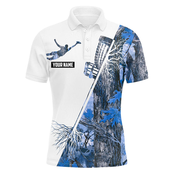 Maxcorners Blue Camo Mens Disc golf polo shirts custom disc golf jersey, mens disc golf apparel MT0510