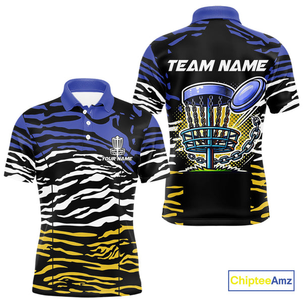 Maxcorners Blue, Yellow and White Tiger Skin Pattern Mens Disc golf polo shirts Custom team disc golf jerseys MT0510