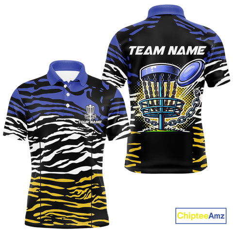 Maxcorners Blue, Yellow and White Tiger Skin Pattern Mens Disc golf polo shirts Custom team disc golf jerseys MT0510