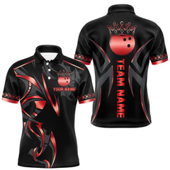 Maxcorners Black and Red crown Bowling ball Polo, Quarter Zip Shirts for Men Custom Bowling Team jerseys