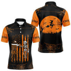 Maxcorners Black and Orange American Flag Halloween disc golf skull custom Men disc golf polo shirts LM0210