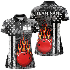 Maxcorners Black & White American Flag Flame Bowling Polo Shirt For Women Custom Bowling Team Jersey