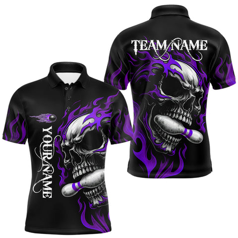 Maxcorners Custom Black and Purple Flame Skull Bowling Shirts For Men, Personalized Skull Team Bowling Jersey MT0410
