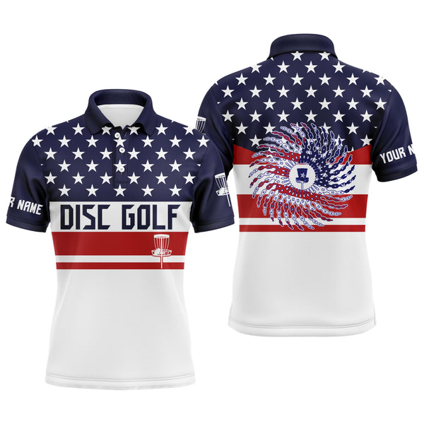 Maxcorners American flag patriot custom name Mens disc golf polo shirt, personalized gifts for disc golf lovers MT0510
