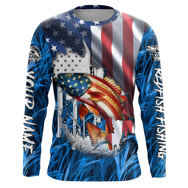 Maxcorners American flag patriot Redfish blue camo fishing, custom mens long sleeve sun protection fishing shirts MT2108