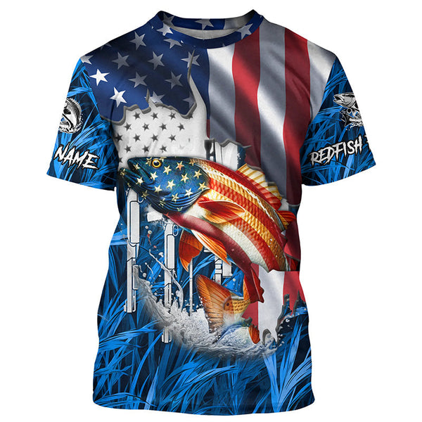 Maxcorners American flag patriot Redfish blue camo fishing, custom mens long sleeve sun protection fishing shirts MT2108