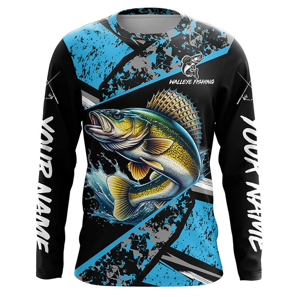 Maxcorners Walleye fishing Blue camo Long Sleeve Performance Fishing Shirts custom Walleye fishing jerseys MT2108