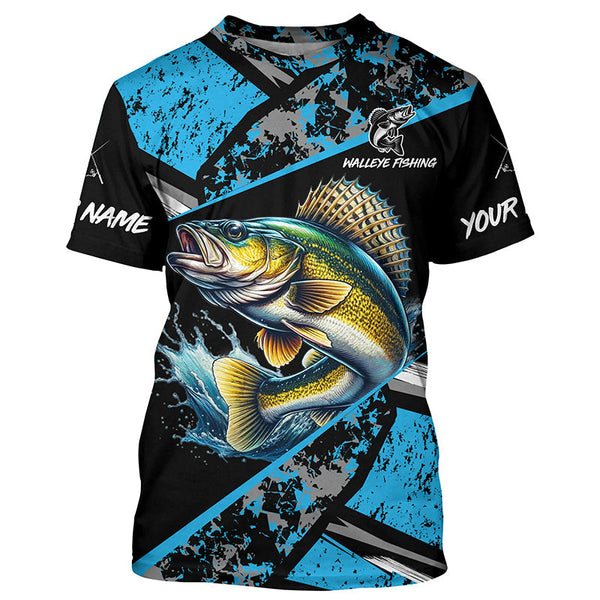 Maxcorners Walleye fishing Blue camo Long Sleeve Performance Fishing Shirts custom Walleye fishing jerseys MT2108