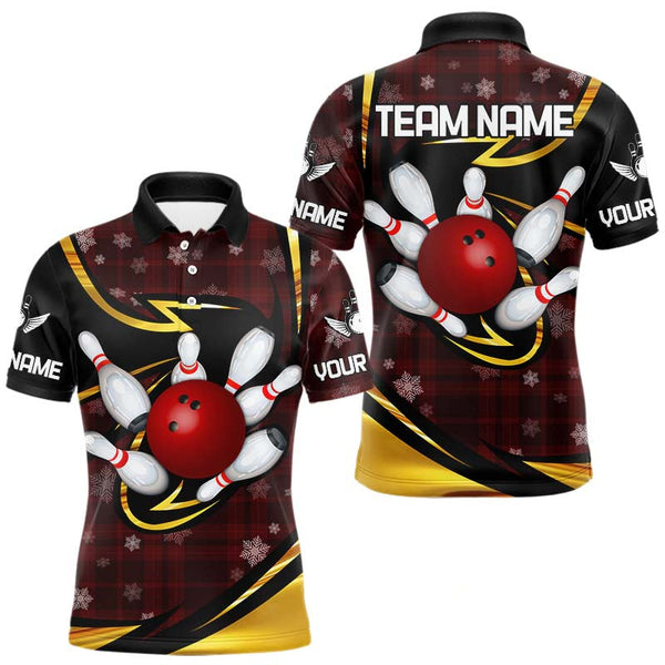 Maxcorners Red Christmas Plaid pattern snowflake Black and Gold Men's Bowling shirts Custom Xmas Bowling Gifts MT0111
