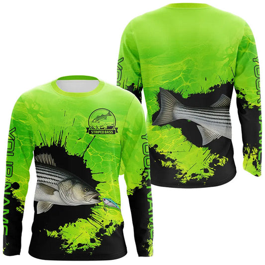 Maxcorners Personalized Striped Bass fishing Performance long sleeve Fishing Shirt, Striper fishing jersey|Green LM1112