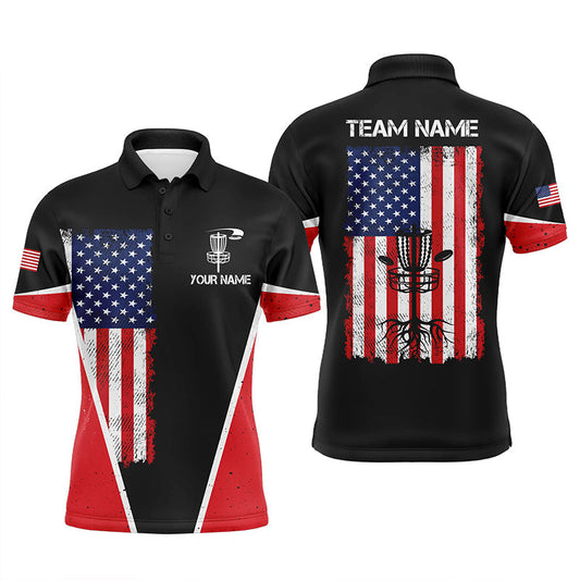 Maxcorners Black Mens Disc golf polo shirts vintage American flag patriot custom disc golf shirt for Men MT0510
