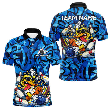 Maxcorners Funny Duck Bowling Polo, 1/4 Zip Shirts for Men Custom Blue graffiti pattern Team Bowling Jerseys LM0402