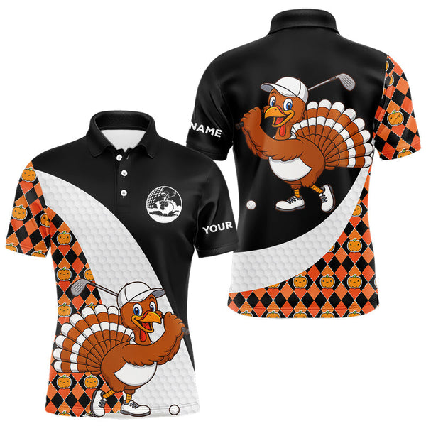 Maxcorners Golf Turkey Thanksgiving Mens Polo Shirt Orange Pumpkin argyle pattern Custom Golf outfit For Me LM0910
