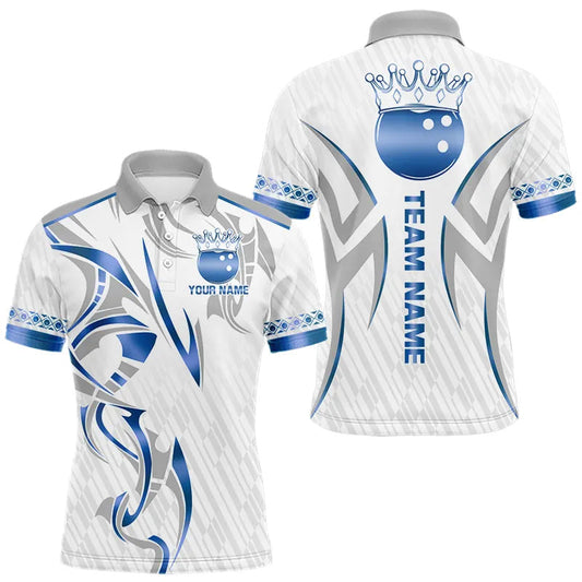 Maxcorners White and Blue crown Bowling ball Polo, Quarter Zip Shirts for Men Custom Bowling Team jerseys LM2603