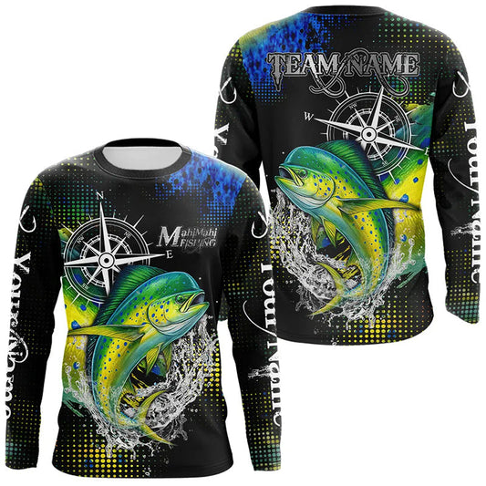 Maxcorners Personalized Black and Green Mahi Mahi fishing scales compass Performance long sleeve Fishing Shirts LM1112