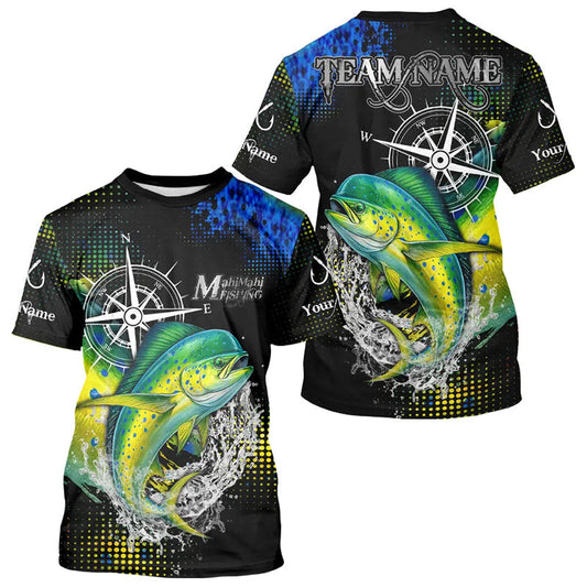 Maxcorners Personalized Black and Green Mahi Mahi fishing scales compass Performance long sleeve Fishing Shirts LM1112