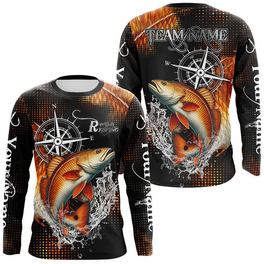Maxcorners Personalized Black and Red Redfish fishing scales compass Performance long sleeve Fishing Team Shirts LM1112