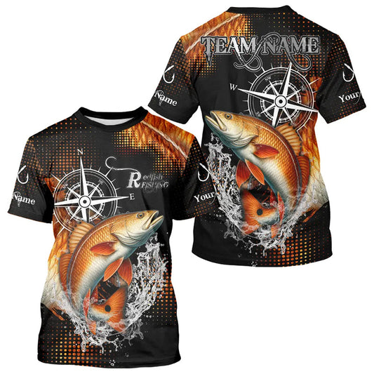 Maxcorners Personalized Black and Red Redfish fishing scales compass Performance long sleeve Fishing Team Shirts LM1112