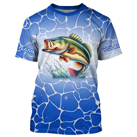 Maxcorners Personalized blue water camo Largemouth bass Long Sleeve Fishing Shirts, Tournament Fishing Jerseys MT2108