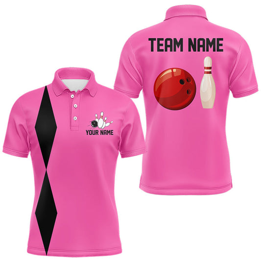 Maxcorners Personalized Retro Bowling Polo, Quarter Zip Shirts For Men custom vintage bowling team jersey | Pink LM2603