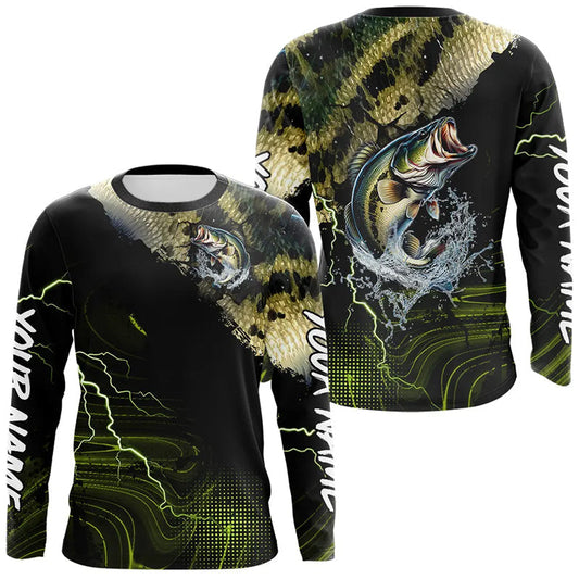 Maxcorners Personalized Largemouth Bass Fishing jerseys, Bass scales lightning thunder tournament fishing shirts LM1112