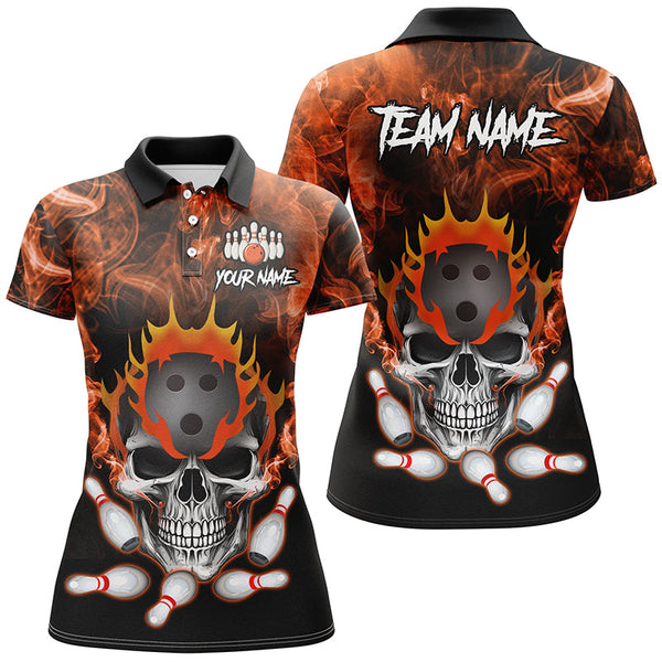 Maxcorners Bowling Ball And Pins Orange Smoke Skull  Customized Name, Team Name 3D Polo Shirt