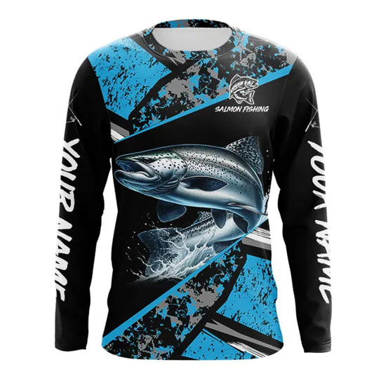 Maxcorners Chinook Salmon fishing Blue camo Long Sleeve Performance Fishing Shirt custom Salmon fishing jerseys LM0201