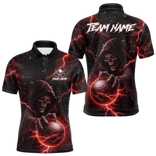 Maxcorners Custom Black And Red Lightning Thunder Skull Reaper Mens Golf Polo Shirt, men's golf apparel