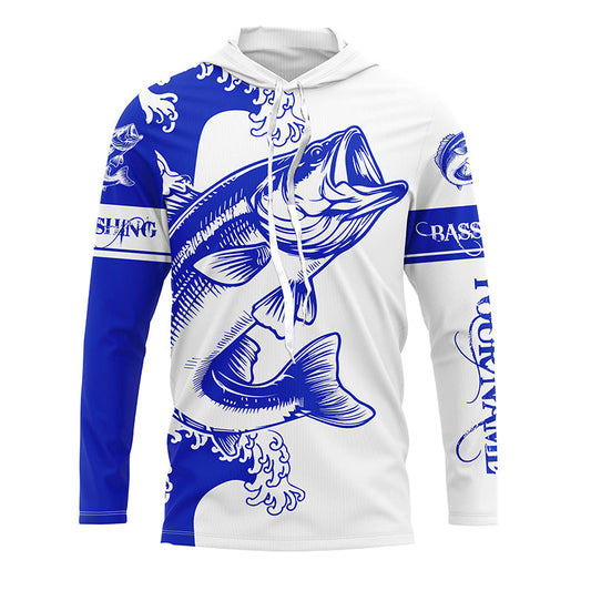 Maxcorners Largemouth bass fishing tattoo blue Custom name Bass Long sleeve fishing shirts, Long Sleeve Hooded LM0201