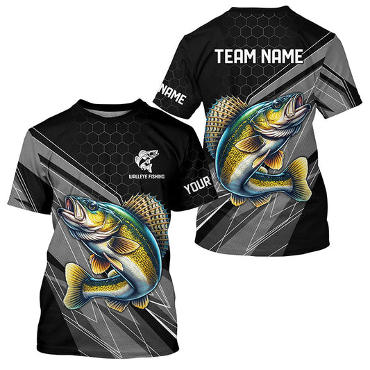 Maxcorners Personalized Black camo Walleye Fishing Jerseys, Walleye Long Sleeve Fishing Tournament Shirts MT2108
