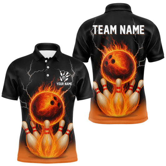 Maxcorners Custom Black and Orange Flame Lightning Bowling Polo, Quarter Zip Shirt For Men, Team Bowling Outfit LM2603