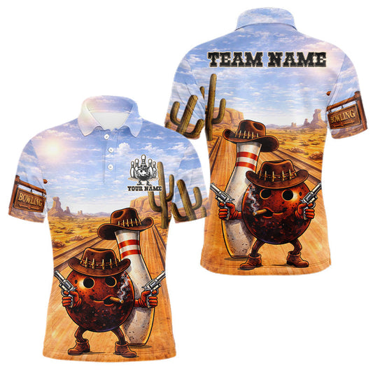 Maxcorners Funny Desert Bowling Cowboy Gun Bowling Polo, 1/4 Zip Shirts Custom Bowling Team Jerseys LM1104