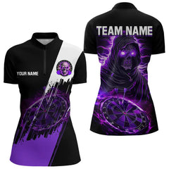 Maxcorners Black And Purple Skull Reaper Dart Jerseys Polo, 1/4 Zip Shirt For Men And Women Custom Darts Team Shirts