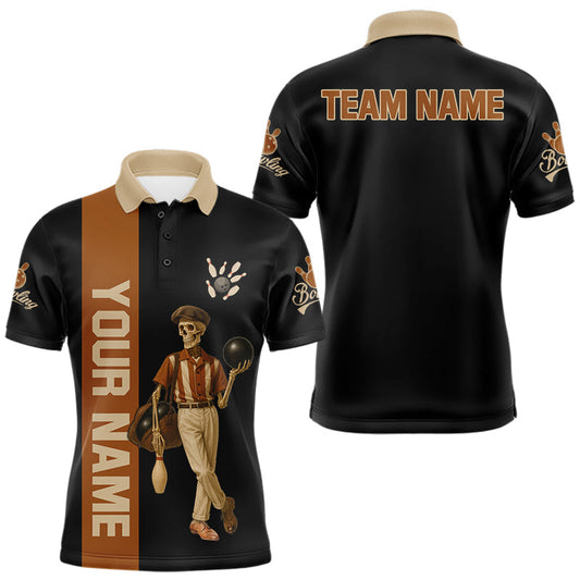 Maxcorners Black and Brown Skull Retro Bowling Polo, Quarter Zip Shirts For Men Custom Team Bowling Jersey LM2603