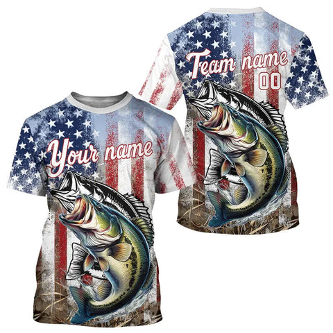 Maxcorners Largemouth Bass Fishing American Flag UV Protection Fishing Shirt Custom Patriotic Bass Fishing Jersey MT2108