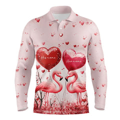 Maxcorners Pink Glitter Flamingo Heart Theme Matching Golf Shirt For Couple Custom Couple Valentines Golf Tops For Men And Women
