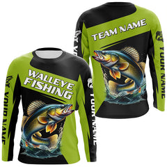Maxcorners Black Green Walleye fishing Custom Long Sleeve Tournament Fishing Shirts, Performance Fishing Jerseys MT2108