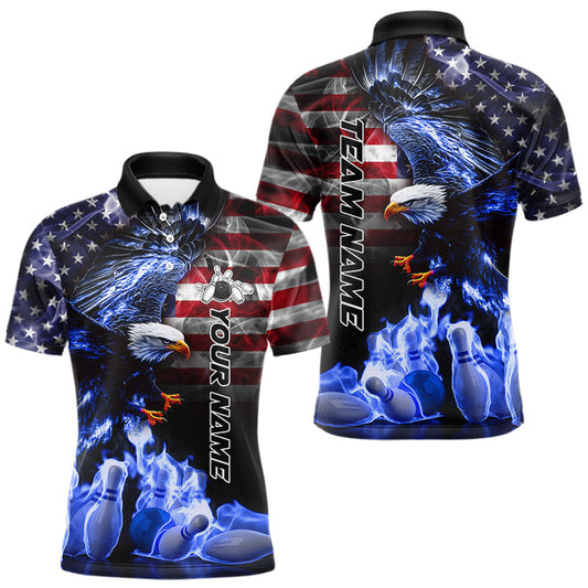 Maxcorners Smoke American Flag Eagle Blue Flame Bowling Shirts for Men Custom patriotic Team Bowling jerseys LM2603