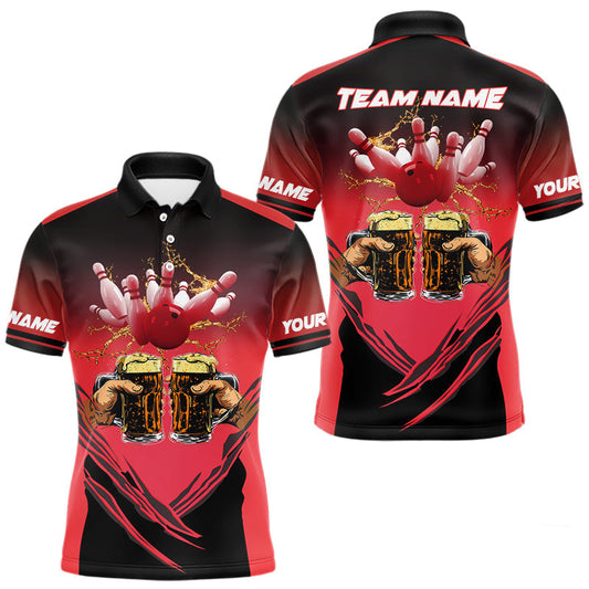 Maxcorners Bowling Beer Black and Red Bowling Polo, 1/4 Quarter zip shirts Custom Mens Team Bowling jerseys LM2603