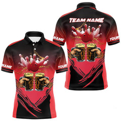 Maxcorners Bowling Beer Black and Red Bowling Polo, 1/4 Quarter zip shirts Custom Mens Team Bowling jerseys TU1410