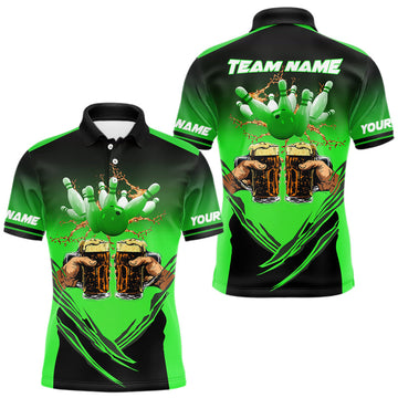Maxcorners Bowling Beer Black and Green Bowling Polo, 1/4 Quarter zip shirts Custom Mens Team Bowling jerseys LM2603