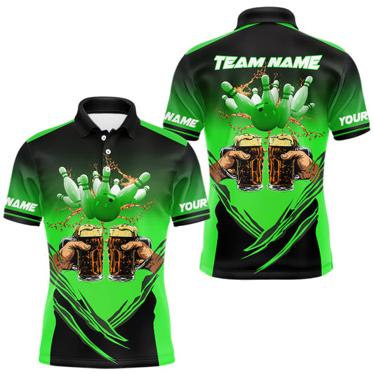 Maxcorners Bowling Beer Black and Green Bowling Polo, 1/4 Quarter zip shirts Custom Mens Team Bowling jerseys LM2603