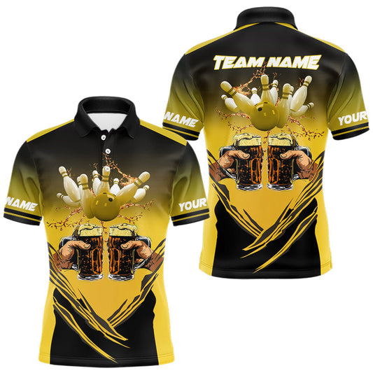 Maxcorners Bowling Beer Black and Yellow Bowling Polo, 1/4 Quarter zip shirts Custom Mens Team Bowling jerseys LM2603