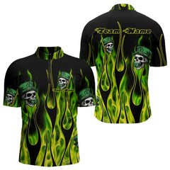Maxcorners Green Flame Clover Skull St Patrick'S Day Mens And Women Bowling Shirts Custom Lucky Bowling Team Jerseys