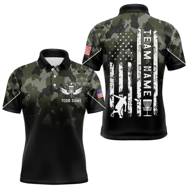 Maxcorners Black Green Camo Mens Disc golf polo shirts custom American Flag patriotic team disc golf jerseys MT0510